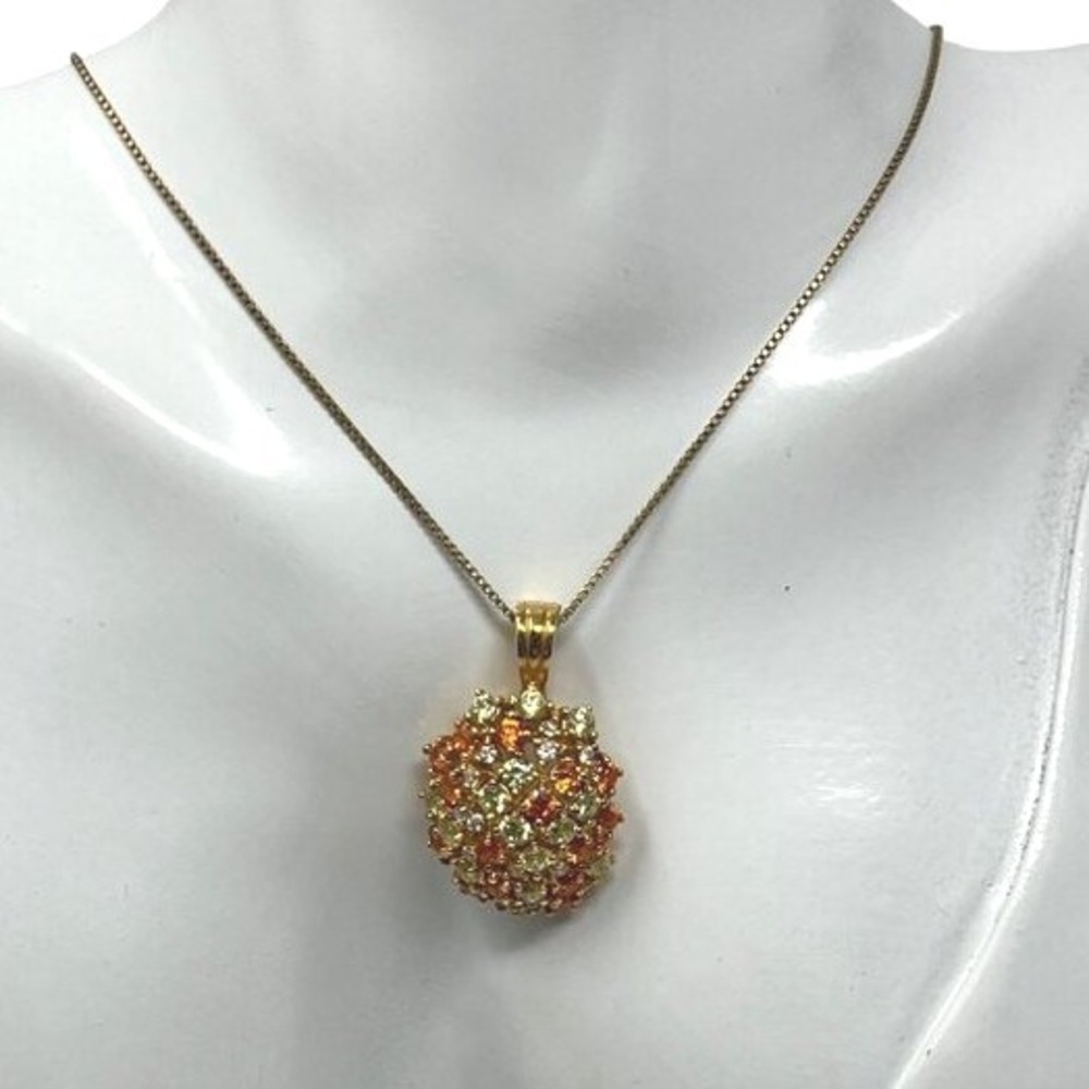 Oval CZ Necklace Clear Orange Gold Tone Sterling Silver Pendant 18‎ inch Chain